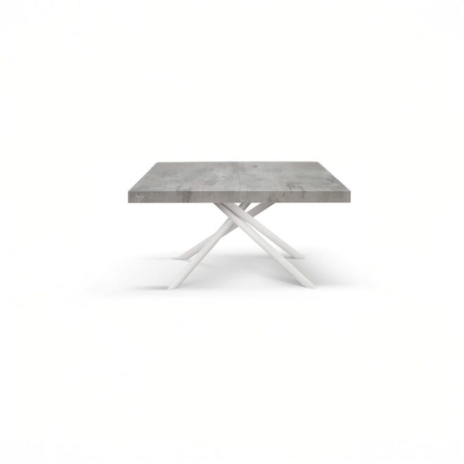 Tavolo CARRARA in legno, finitura grigio cemento e base in metallo verniciato bianco, allungabile 180×90 cm – 260×90 cm