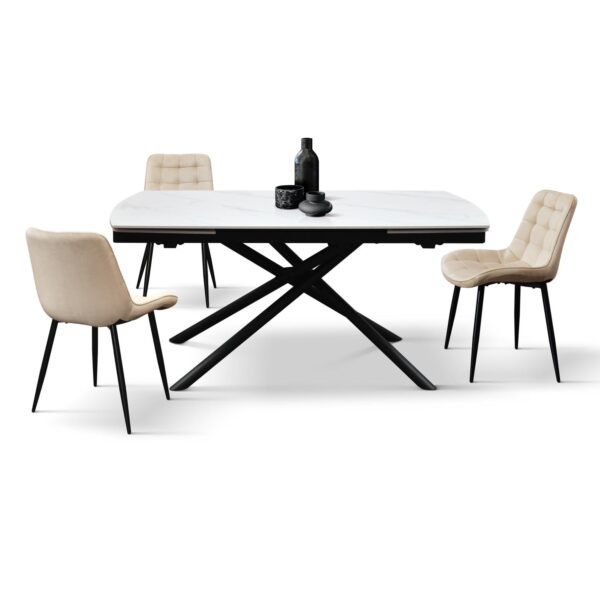 Tavolo BONIFACIO in ceramica bianco statuario e base in metallo verniciato nero, allungabile 140x90 cm - 200x90 cm