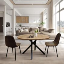Tavolo rotondo ZARA in legno, finitura rovere rustico e gambe incrociate in metallo nero, allungabile Ø100xH75 cm - 140x100x75 cm