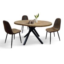 Tavolo rotondo ZARA in legno, finitura rovere rustico e gambe incrociate in metallo nero, allungabile Ø100xH75 cm - 140x100x75 cm