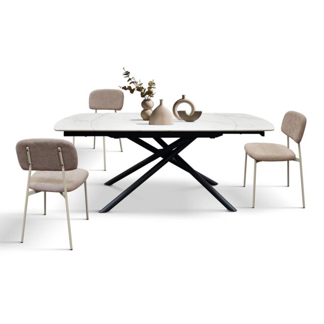 Tavolo BONIFACIO in ceramica bianco statuario e base in metallo verniciato nero, allungabile 120x88 cm - 180x88 cm