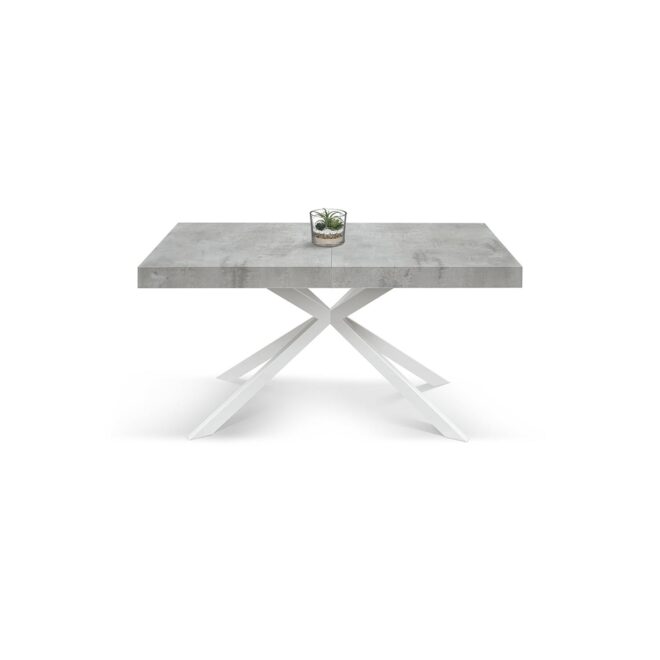 Tavolo CAMAIORE in legno, finitura grigio cemento e base a X in metallo bianco, allungabile 180×90 cm – 260×90 cm
