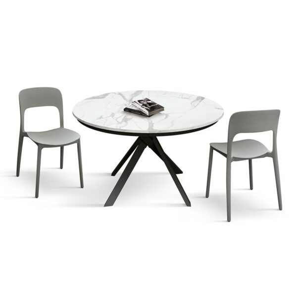 Tavolo rotondo PANTELLERIA in legno, finitura bianco statuario e gambe in metallo nero, allungabile Ø120xH75,3 cm - 170x120x75,3 cm