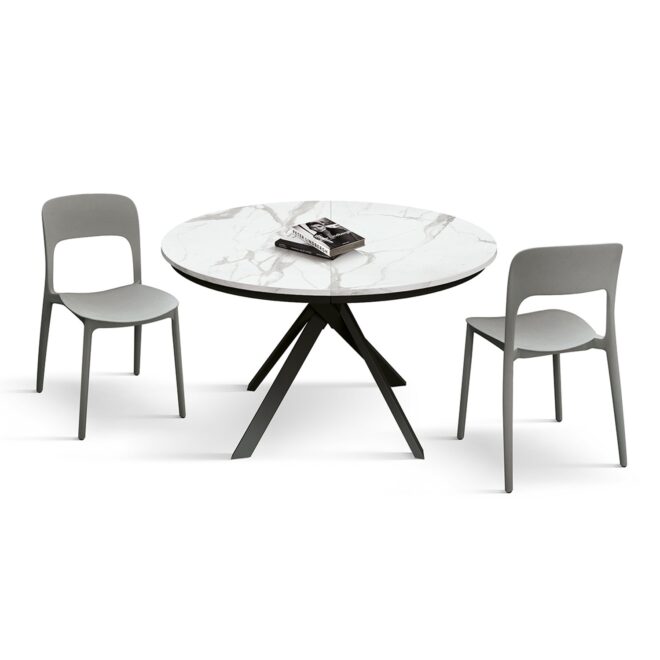 Tavolo rotondo PANTELLERIA in legno, finitura bianco statuario e gambe in metallo nero, allungabile Ø120xH75,3 cm - 170x120x75,3 cm