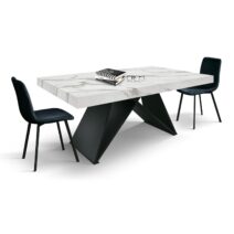 Tavolo VULCANO in legno, finitura bianco statuario e base in legno mdf nero, allungabile 160x90 cm - 240x90 cm