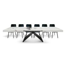 Tavolo VULCANO in legno, finitura bianco statuario e base in legno mdf nero, allungabile 160x90 cm - 240x90 cm