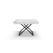 Tavolino CAMOGLI in legno, finitura bianco statuario e base in metallo nero trasformabile, 120x80 cm - 220x80 cm