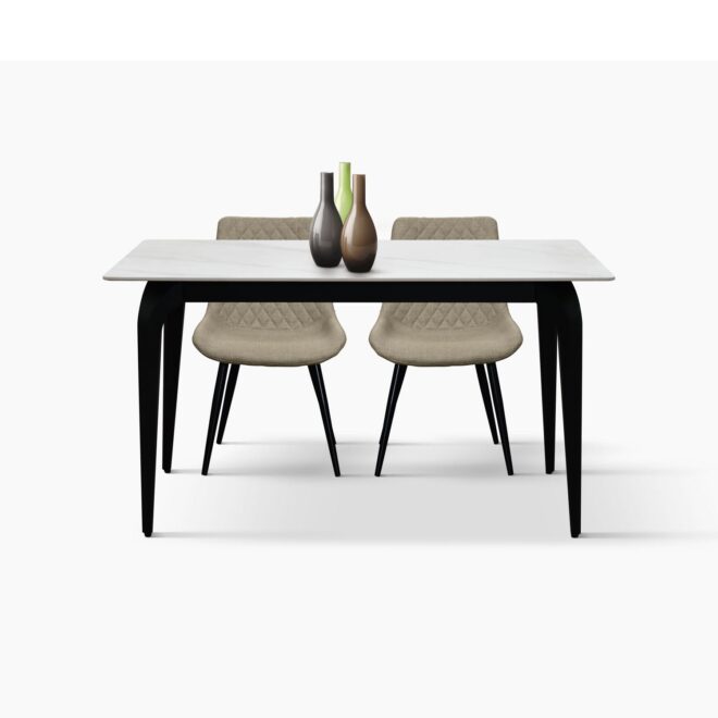 Tavolo ALERIA in ceramica, effetto marmo bianco e gambe in metallo verniciato nero, fisso 140x80x76 cm