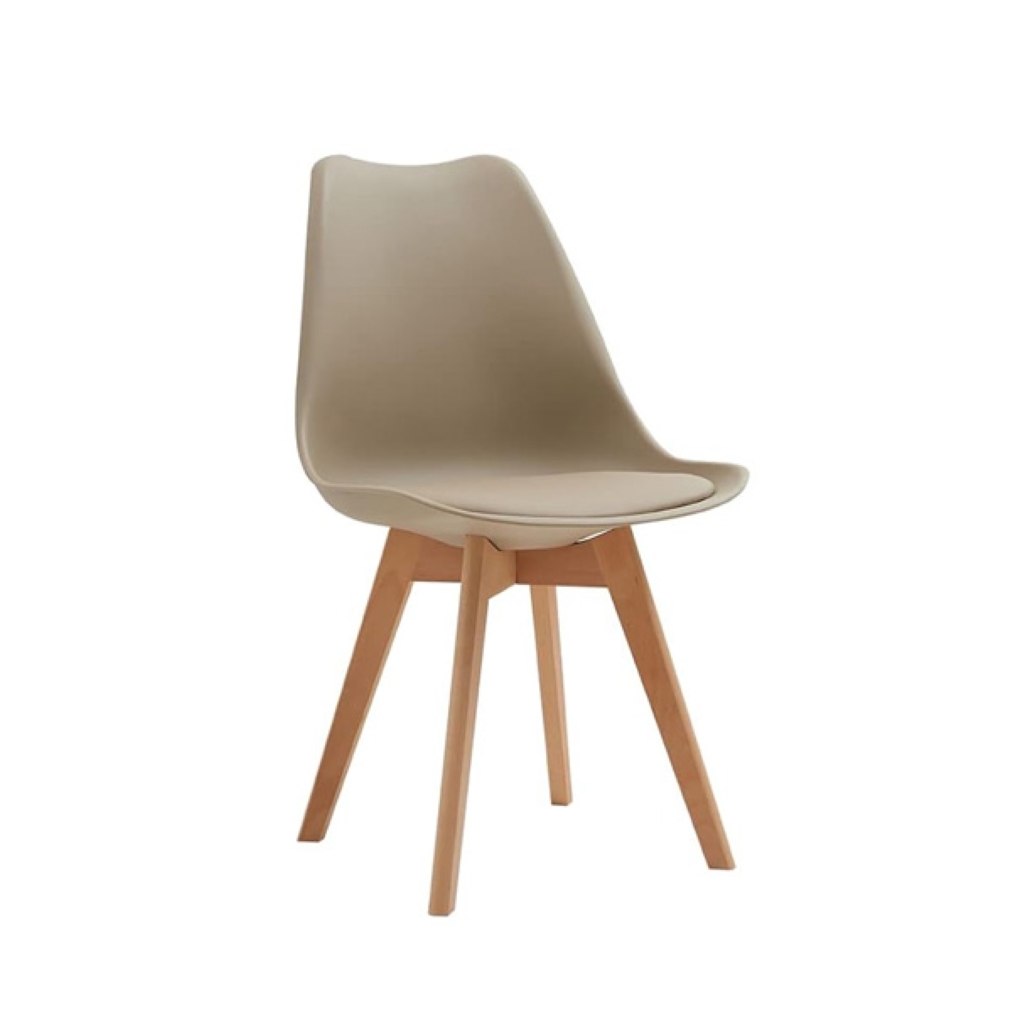 Set di 4 sedie WYNWOOD in polipropilene tortora, cuscino ecopelle, gambe in legno di faggio, 47x52x82 cm