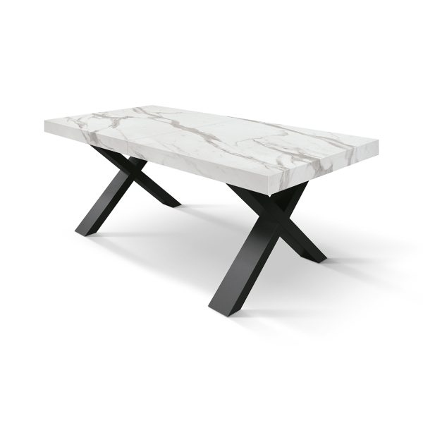 Tavolo AMALFI in legno effetto bianco statuario e gambe incrociate bianche, allungabile 160×90 cm – 240×90 cm