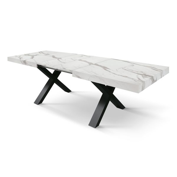 Tavolo AMALFI in legno effetto bianco statuario e gambe incrociate bianche, allungabile 160×90 cm – 240×90 cm