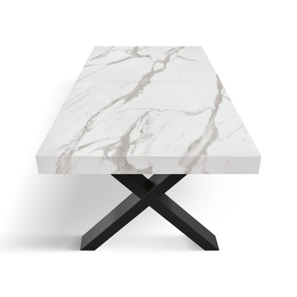 Tavolo AMALFI in legno effetto bianco statuario e gambe incrociate bianche, allungabile 160×90 cm – 240×90 cm