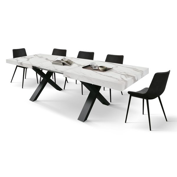 Tavolo AMALFI in legno effetto bianco statuario e gambe incrociate bianche, allungabile 160×90 cm – 240×90 cm