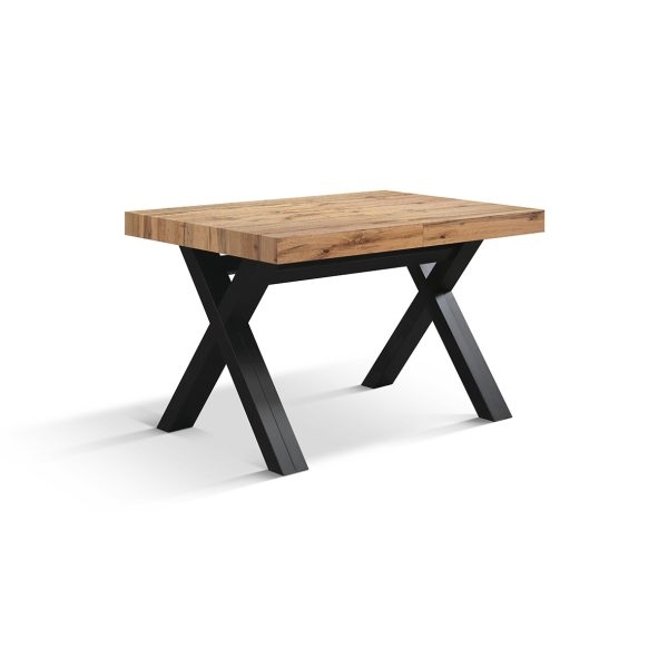 Tavolo VICENZA in legno, finitura rovere rustico e gambe incrociate in legno antracite, allungabile 120x80 - 320x80 cm