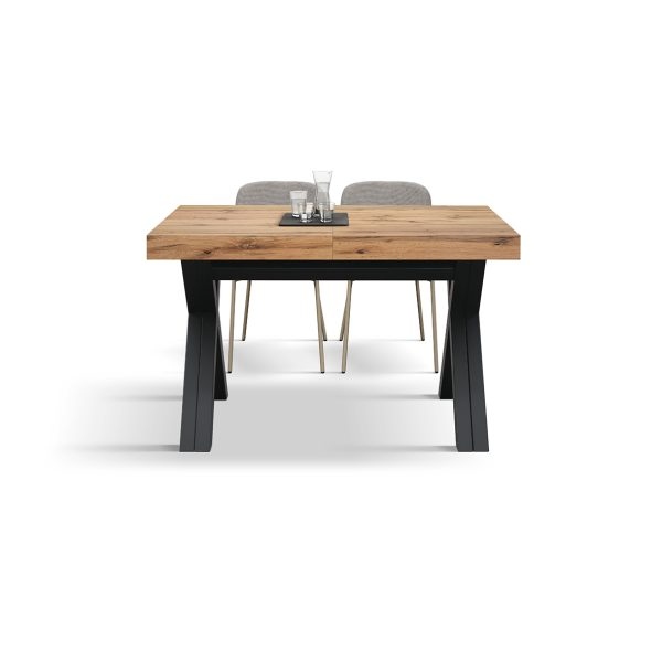 Tavolo VICENZA in legno, finitura rovere rustico e gambe incrociate in legno antracite, allungabile 120x80 - 320x80 cm