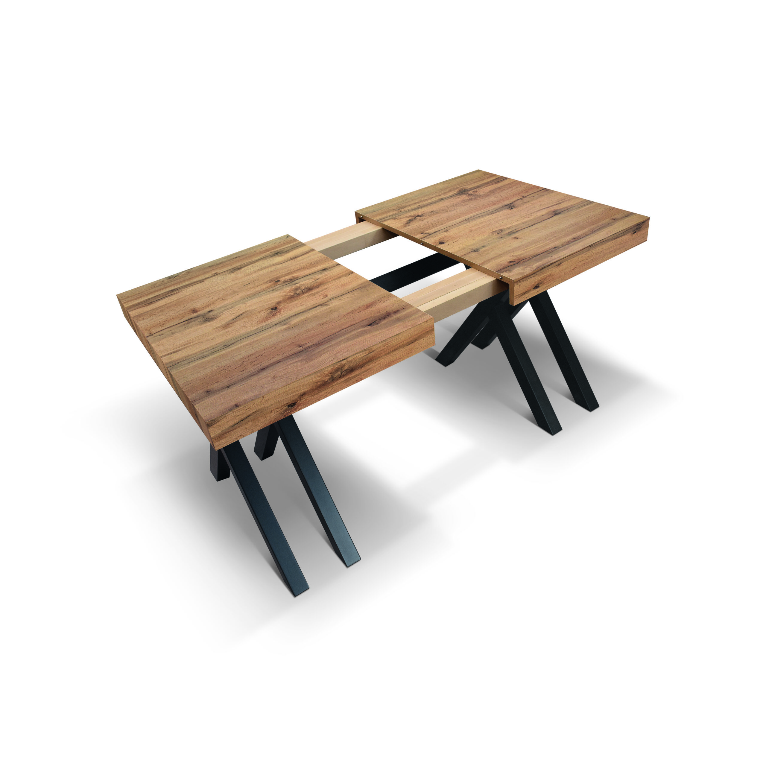 Tavolo VICENZA in legno, finitura rovere rustico e gambe incrociate in legno antracite, allungabile 120x80 - 320x80 cm