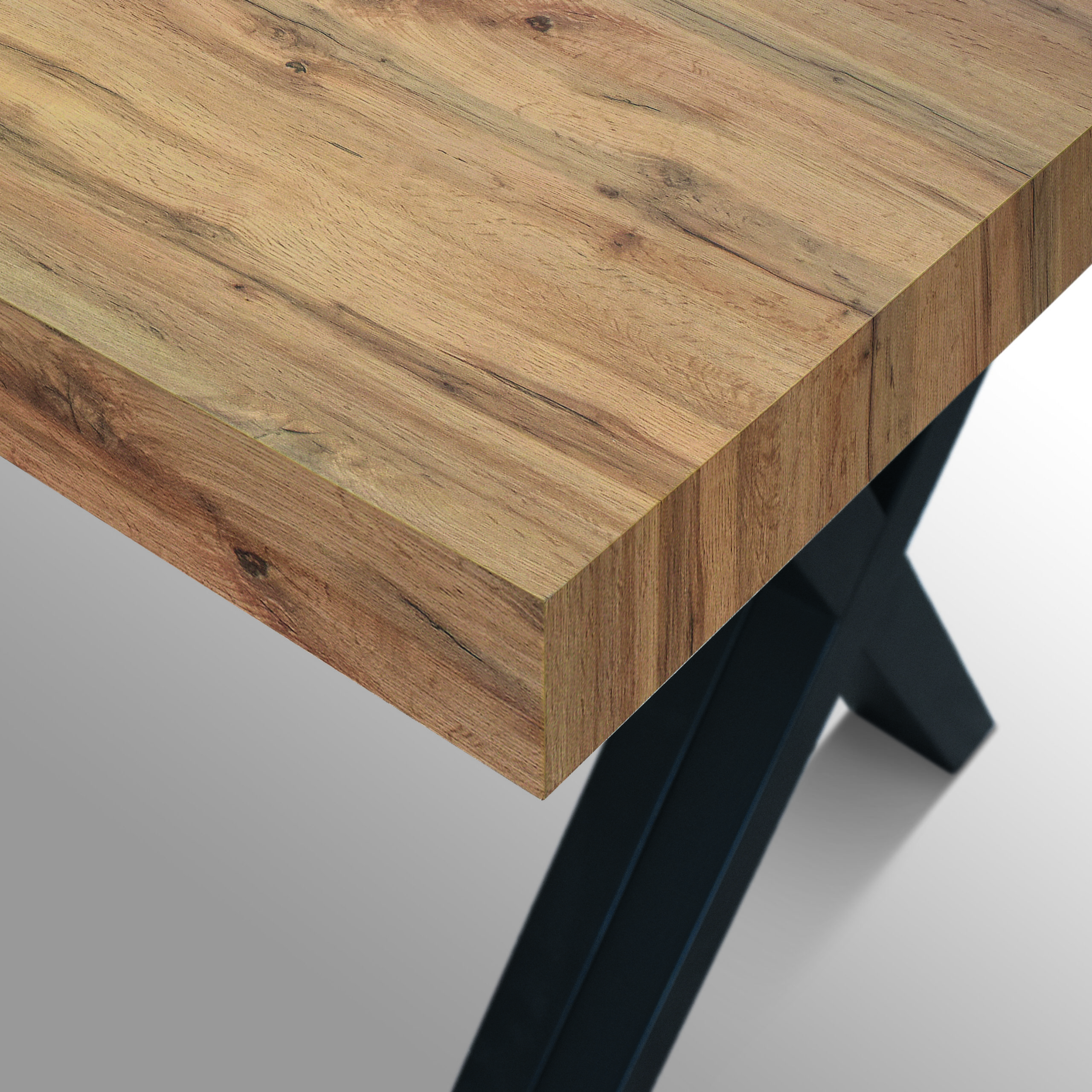 Tavolo VICENZA in legno, finitura rovere rustico e gambe incrociate in legno antracite, allungabile 120x80 - 320x80 cm