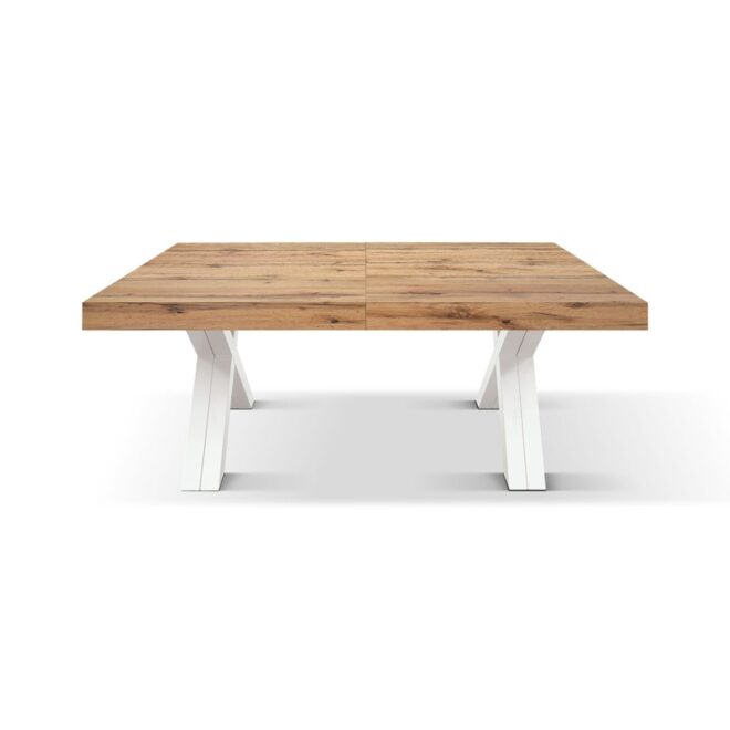 Tavolo VICENZA in legno, finitura rovere rustico e gambe incrociate in legno bianco, allungabile 120x80 - 320x80 cm