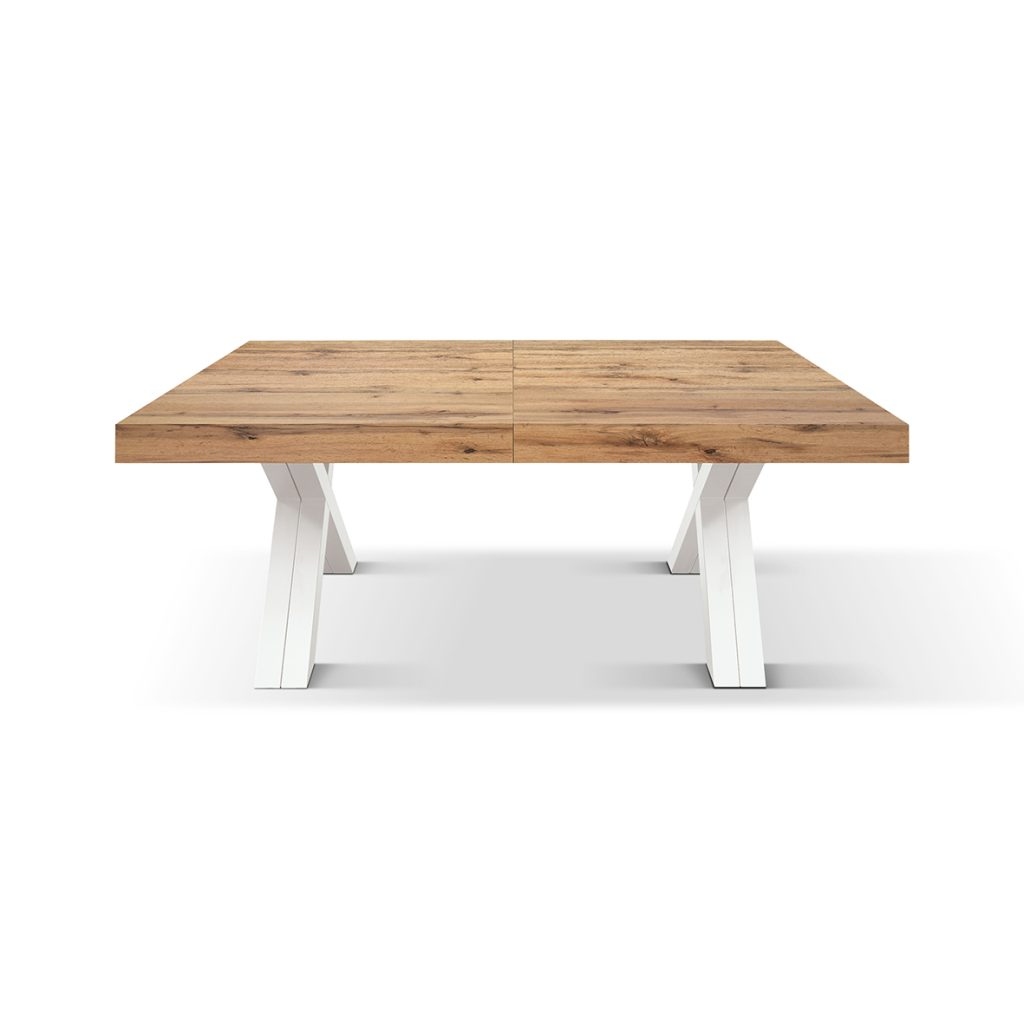 Tavolo VICENZA in legno, finitura rovere rustico e gambe incrociate in legno bianco, allungabile 120x80 - 320x80 cm