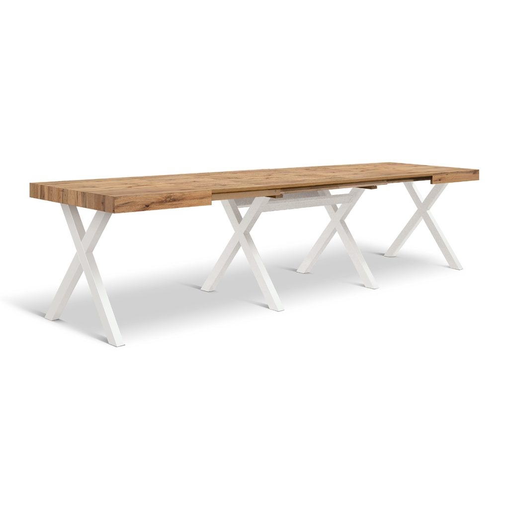 Tavolo VICENZA in legno, finitura rovere rustico e gambe incrociate in legno bianco, allungabile 120x80 - 320x80 cm