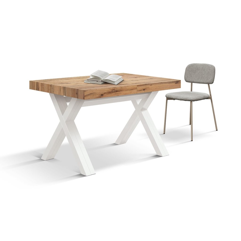 Tavolo VICENZA in legno, finitura rovere rustico e gambe incrociate in legno bianco, allungabile 120x80 - 320x80 cm