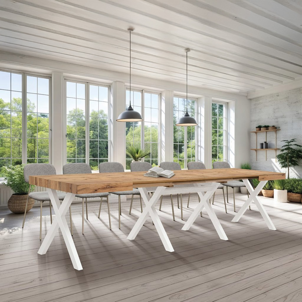 Tavolo VICENZA in legno, finitura rovere rustico e gambe incrociate in legno bianco, allungabile 120x80 - 320x80 cm