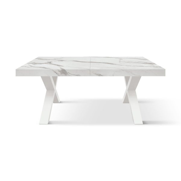 Tavolo AMALFI in legno effetto bianco statuario e gambe incrociate antracite, allungabile 160×90 cm – 240×90 cm