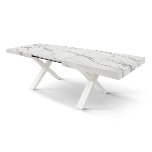 Tavolo AMALFI in legno effetto bianco statuario e gambe incrociate antracite, allungabile 160×90 cm – 240×90 cm