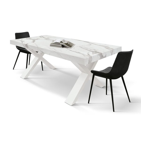 Tavolo AMALFI in legno effetto bianco statuario e gambe incrociate antracite, allungabile 160×90 cm – 240×90 cm