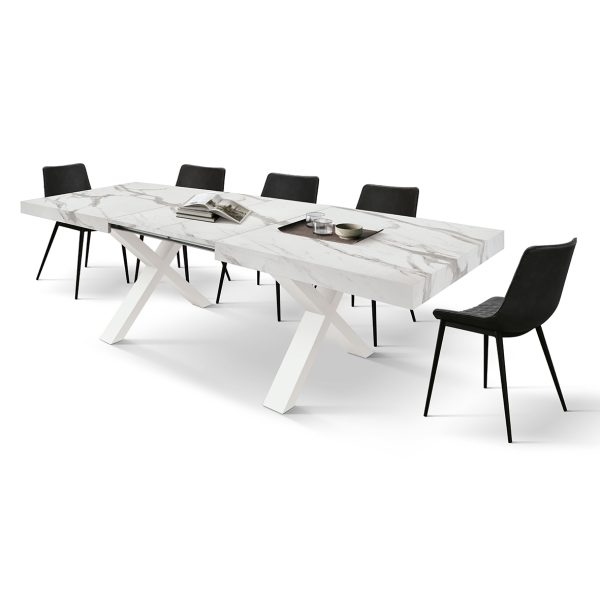 Tavolo AMALFI in legno effetto bianco statuario e gambe incrociate antracite, allungabile 160×90 cm – 240×90 cm