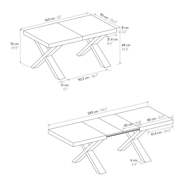 Tavolo AMALFI in legno effetto bianco statuario e gambe incrociate antracite, allungabile 160×90 cm – 240×90 cm