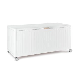Baule da giardino BRAGA in alluminio bianco, con ruote e maniglia effetto legno