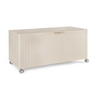 Baule da giardino BRAGA in alluminio beige, con ruote e maniglia effetto legno