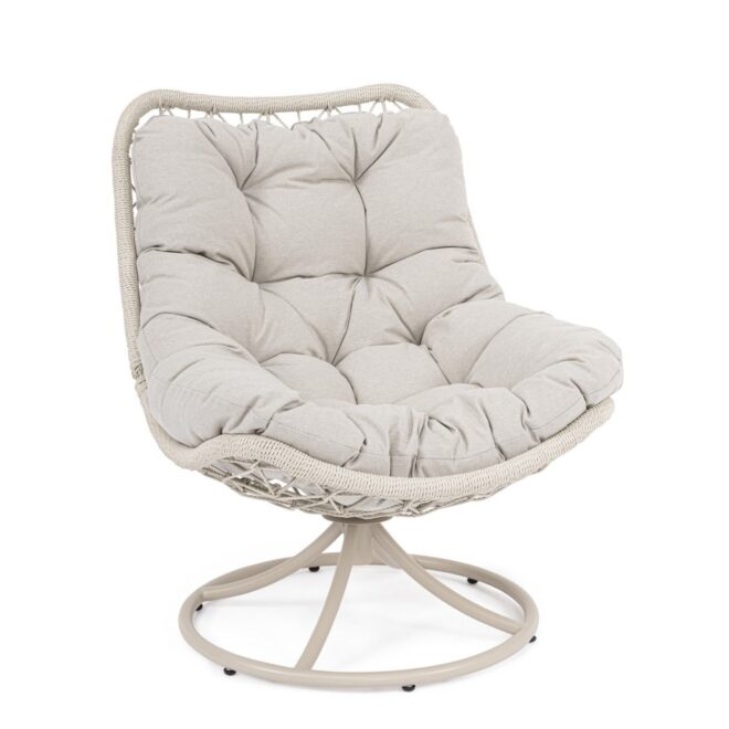 Poltrona girevole da giardino VIGO beige chiaro con intreccio in fibra sintetica e cuscino