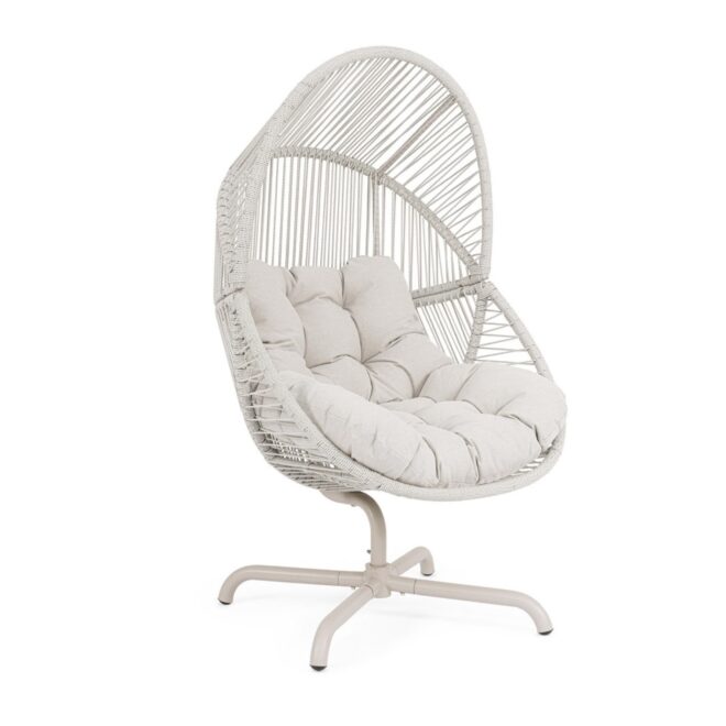Poltrona girevole da giardino TARIFA con intreccio in fibra sintetica, base beige chiaro e cuscino