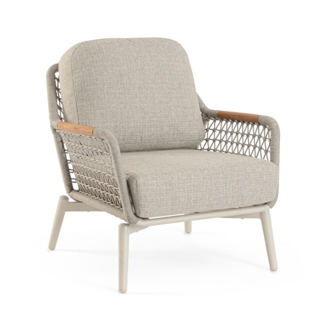 Poltrona da giardino SEVILLA con intreccio in corda, cuscini beige e struttura in alluminio beige