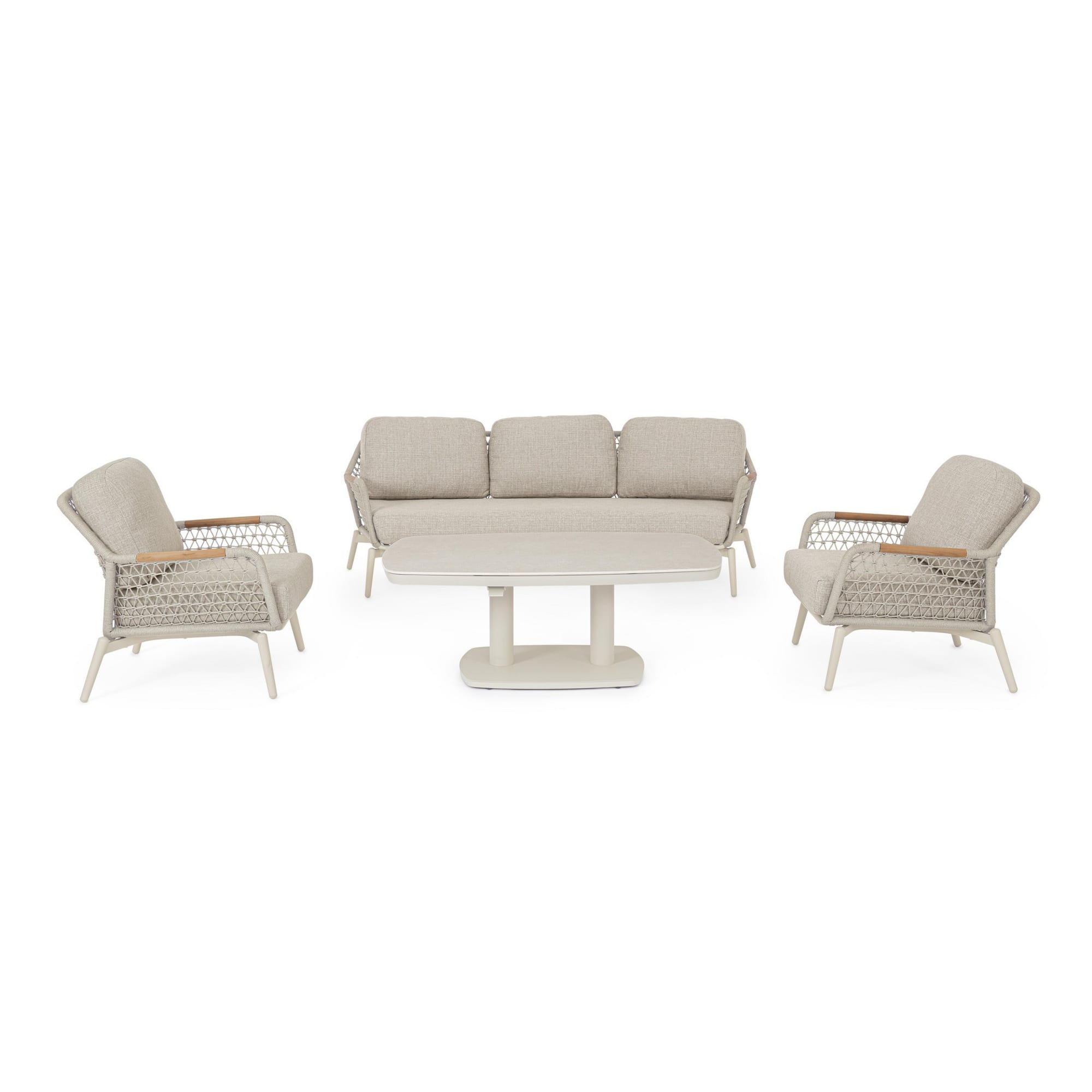 Poltrona da giardino SEVILLA con intreccio in corda, cuscini beige e struttura in alluminio beige