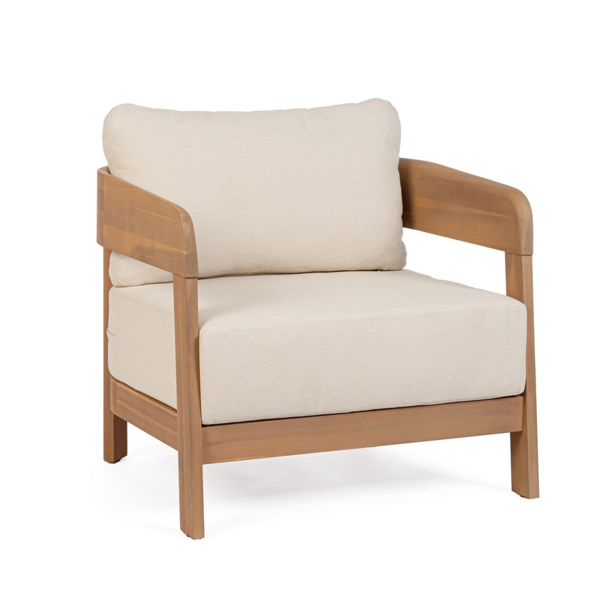Poltrona lounge GIRONA in legno di acacia e tessuto beige