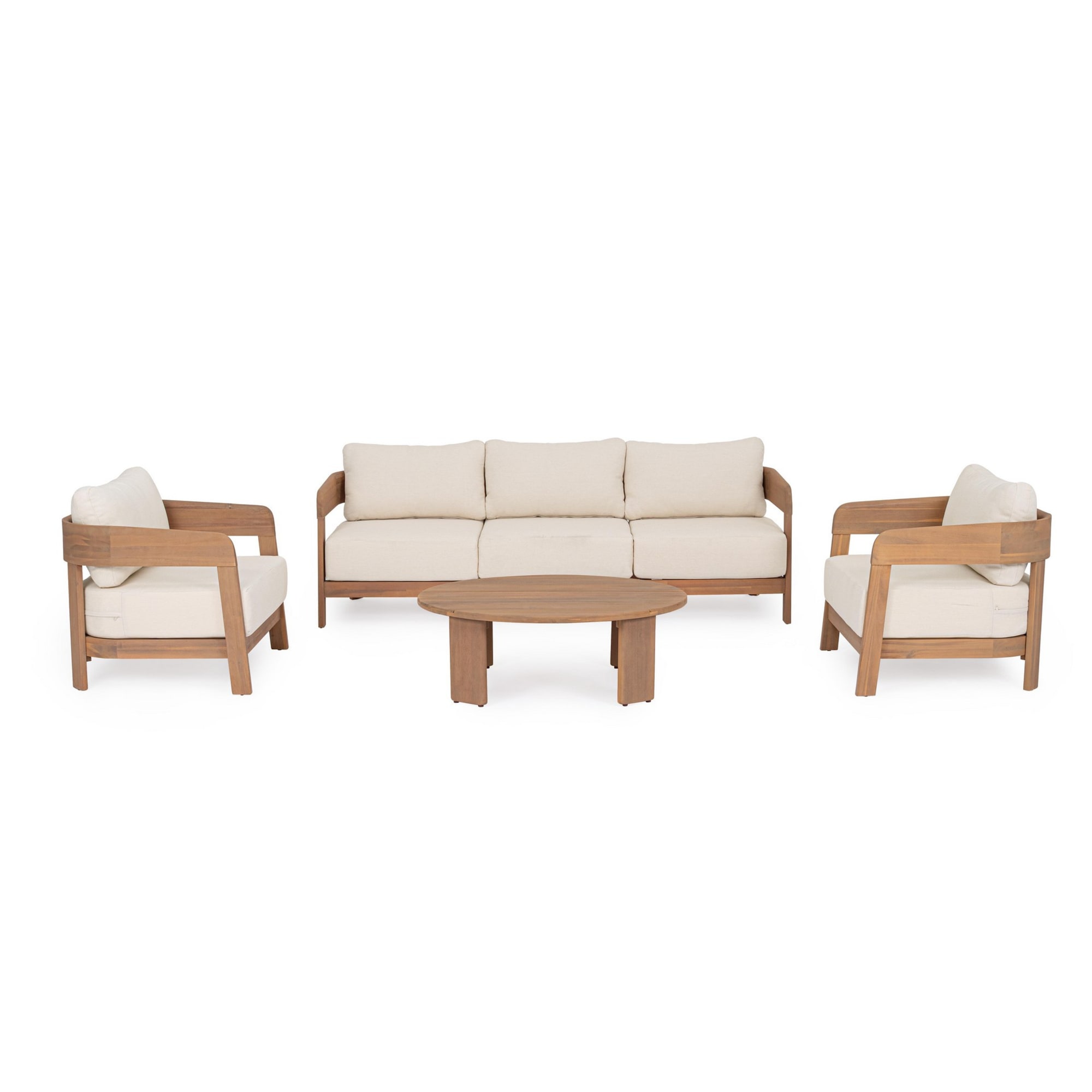 Poltrona lounge GIRONA in legno di acacia e tessuto beige