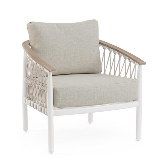 Set 2 poltrone da giardino GAUDIX con cuscini beige, intreccio in corda e struttura bianca