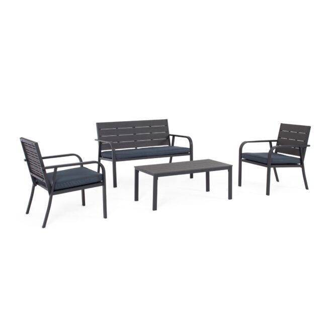 Set salotto da giardino VALENCIA antracite effetto legno, con 1 divano, 2 poltrone e 1 tavolino, con cuscini