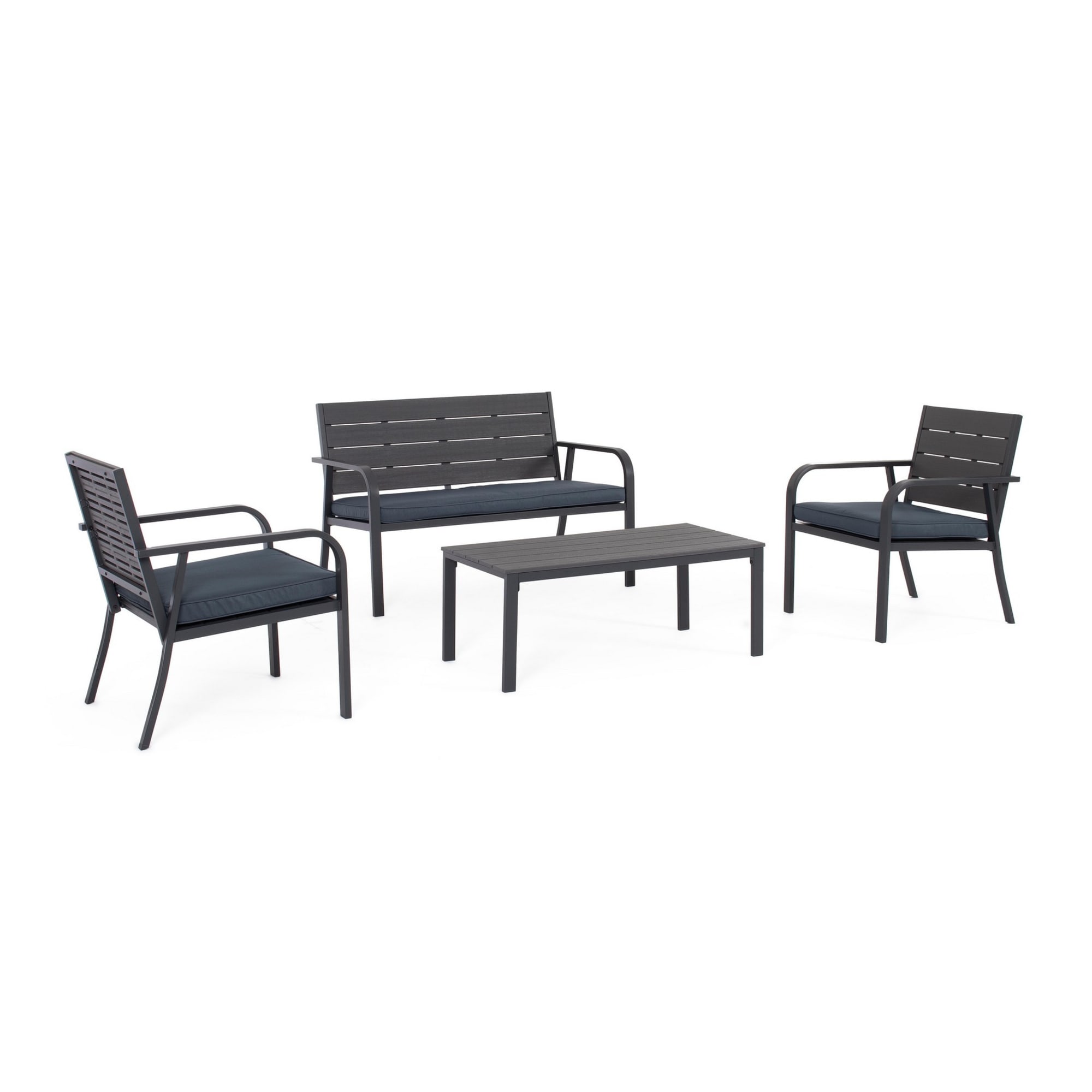 Set salotto da giardino VALENCIA antracite effetto legno, con 1 divano, 2 poltrone e 1 tavolino, con cuscini