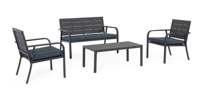 Set salotto da giardino VALENCIA antracite effetto legno, con 1 divano, 2 poltrone e 1 tavolino, con cuscini