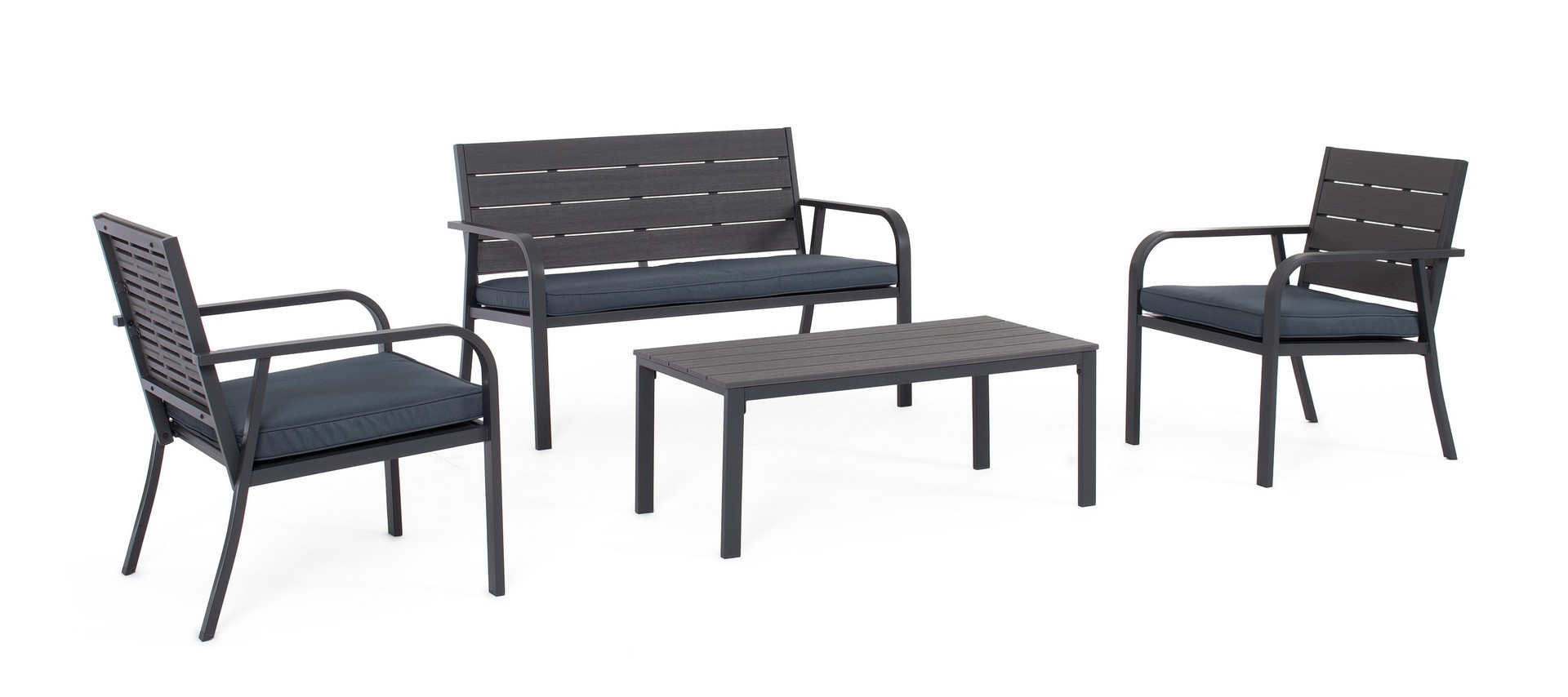 Set salotto da giardino VALENCIA antracite effetto legno, con 1 divano, 2 poltrone e 1 tavolino, con cuscini