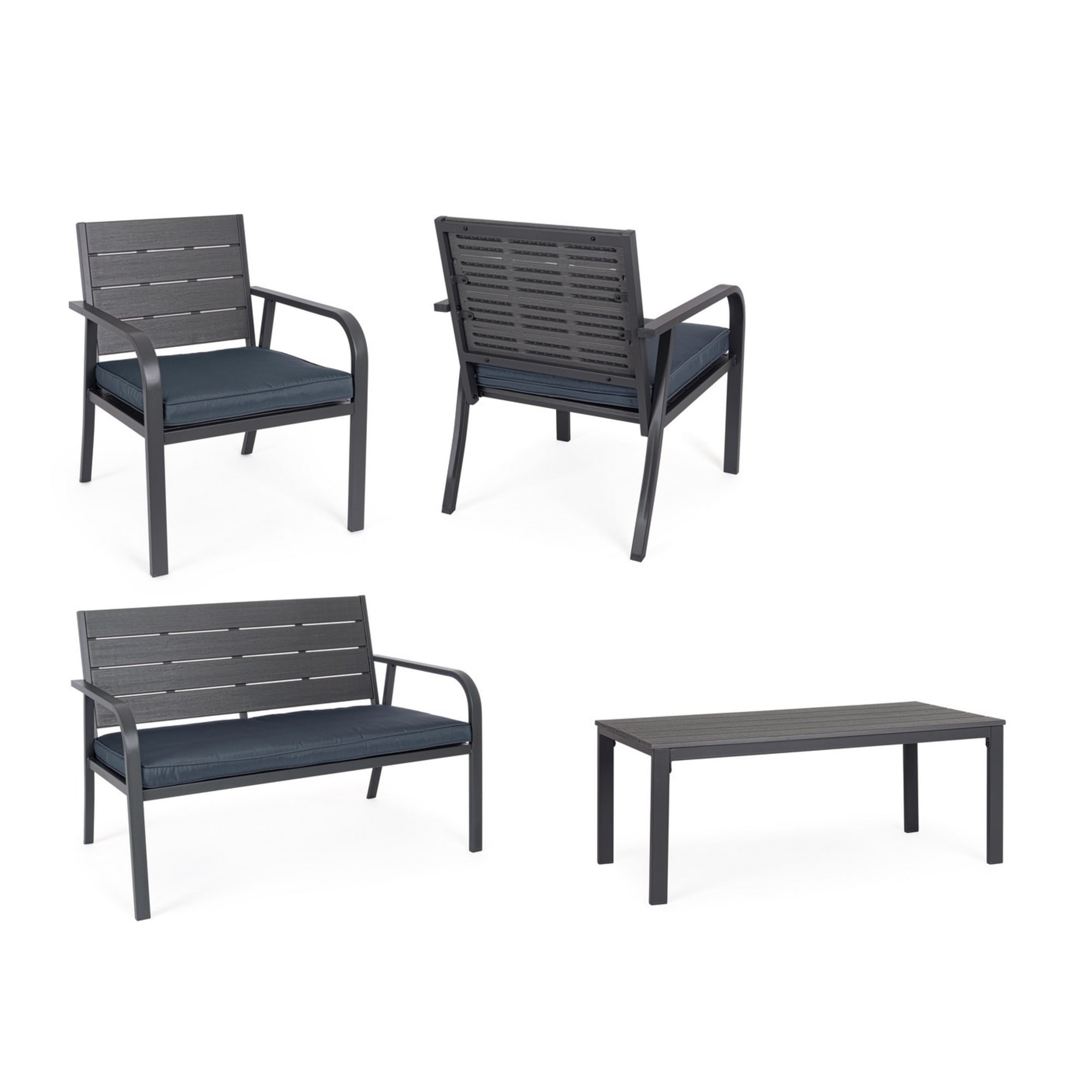 Set salotto da giardino VALENCIA antracite effetto legno, con 1 divano, 2 poltrone e 1 tavolino, con cuscini