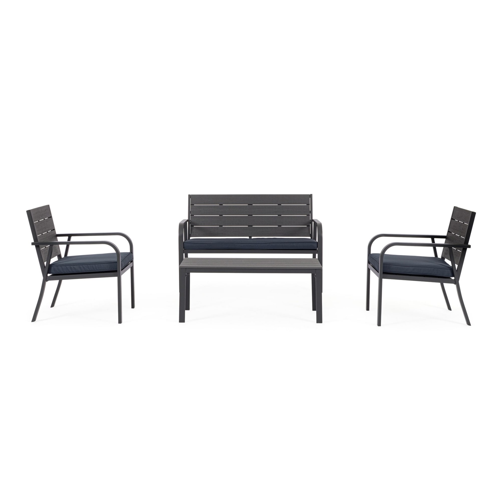 Set salotto da giardino VALENCIA antracite effetto legno, con 1 divano, 2 poltrone e 1 tavolino, con cuscini