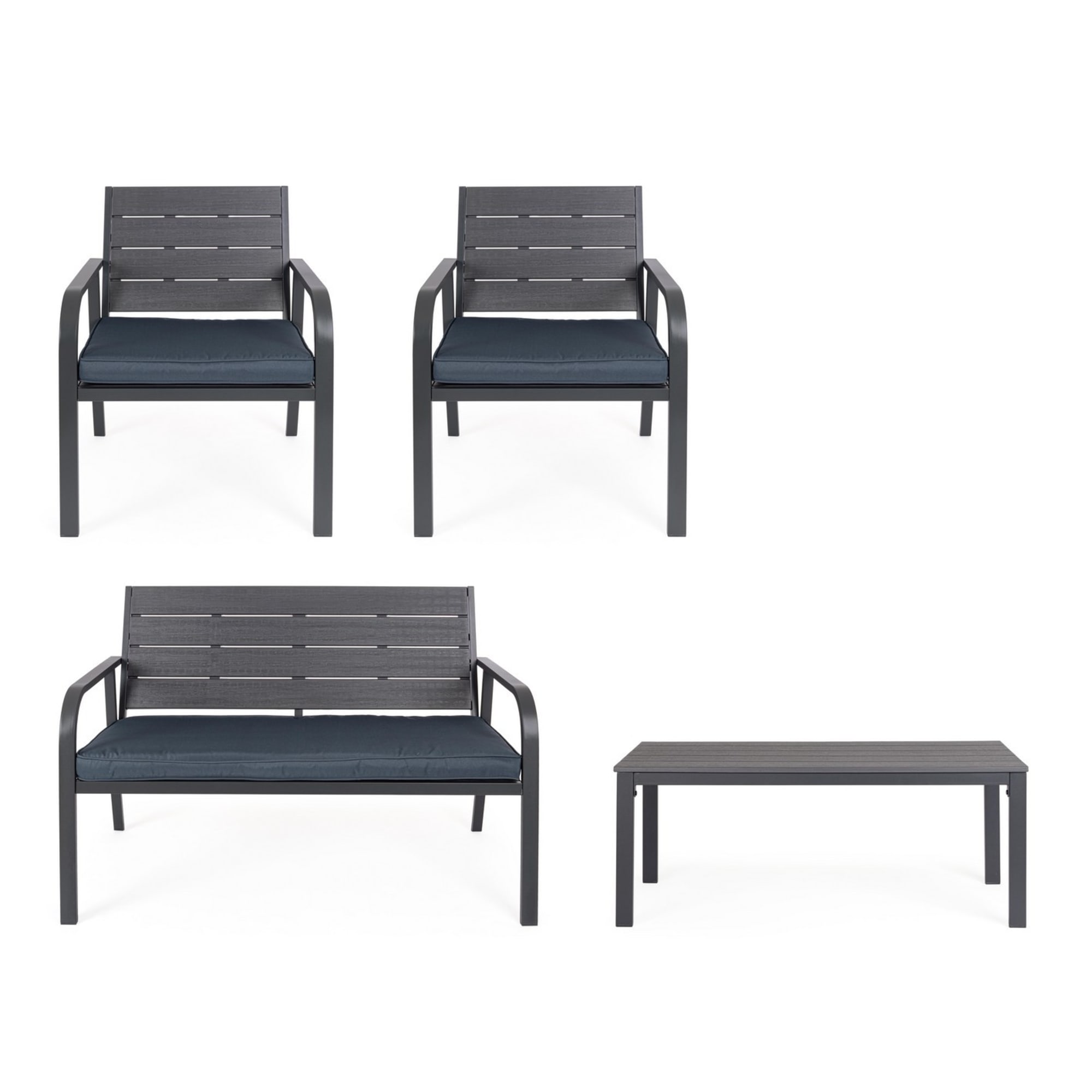 Set salotto da giardino VALENCIA antracite effetto legno, con 1 divano, 2 poltrone e 1 tavolino, con cuscini