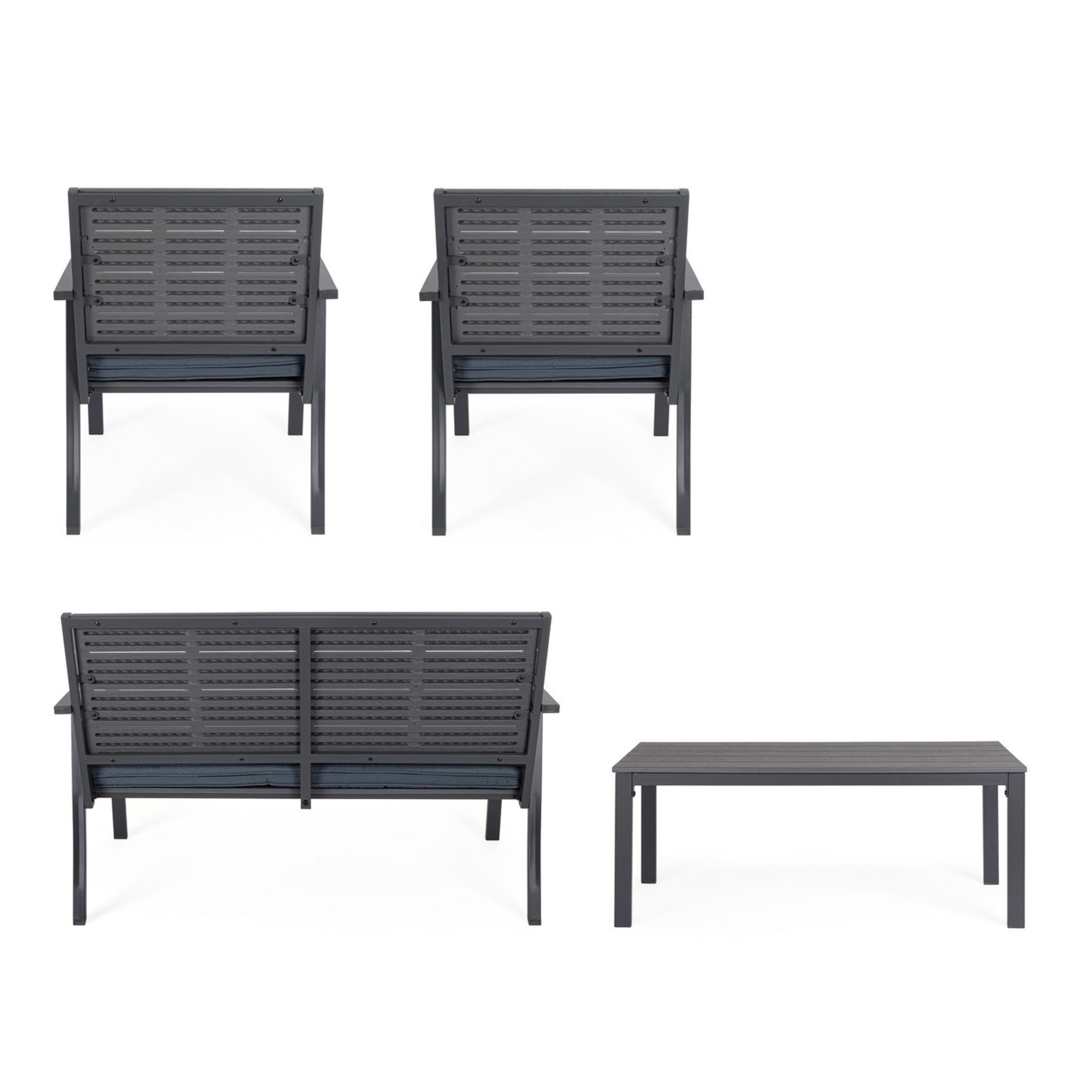 Set salotto da giardino VALENCIA antracite effetto legno, con 1 divano, 2 poltrone e 1 tavolino, con cuscini