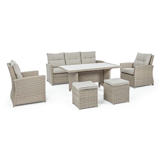 Set salotto da giardino ARANDA in fibra sintetica intrecciata, 6 pezzi e cuscini