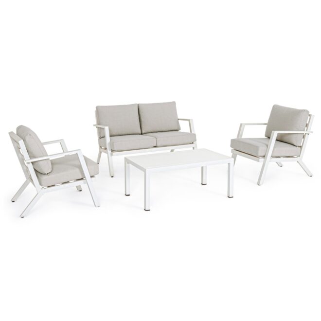 Set salotto da giardino COIMBRA con cuscini e struttura in alluminio bianco, 4 pezzi